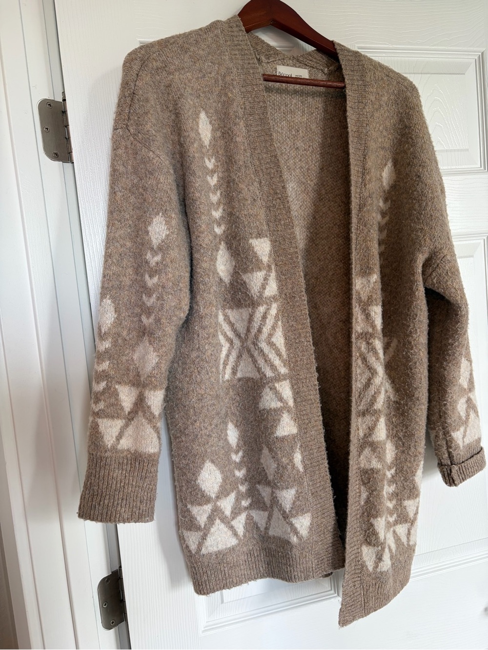 BE COOL Taupe and Cream Geometric Open-Front Cardigan